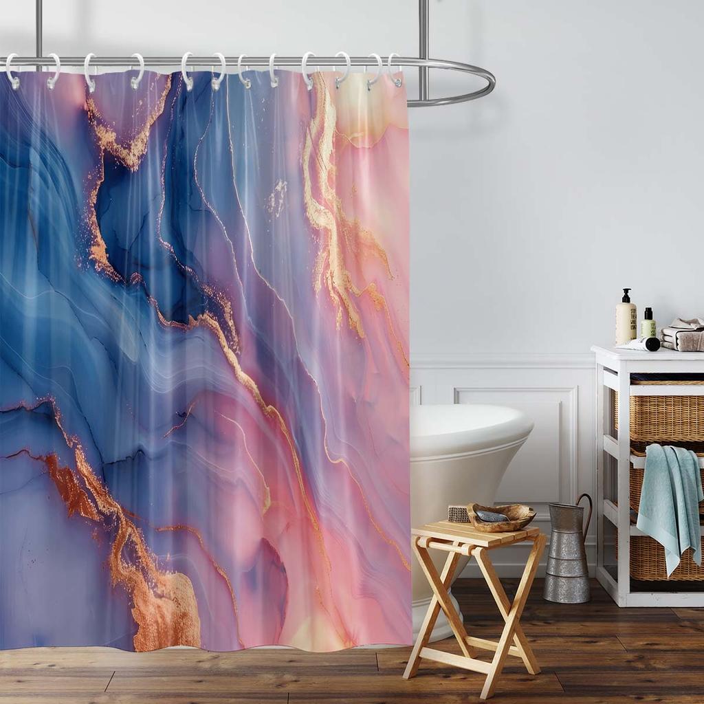 1pc Pink Marble Printed Waterproof Shower Curtain Shower Partition Hanging Curtain with 12 Hooks Multiple Sizes Easy To Install