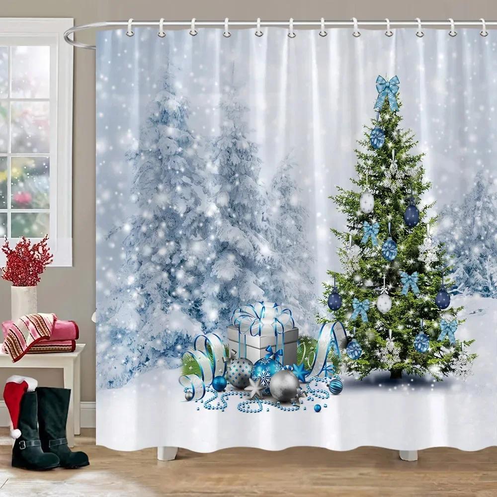 Christmas Gift Theme Shower Curtains Snowman Christmas Tree Mascot Ball Happy New Year Washable Home Bath Curtain Bathroom Decor