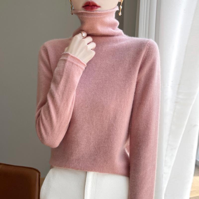 Women's 100% Wool Rolled Edge Turtleneck Sweater - Loose Fit Pullover Knit Base Layer