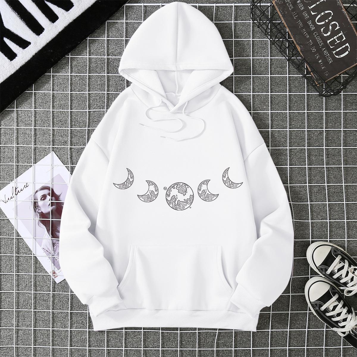Mingxin Supply Chain Shots Amazon Hot Casual Versatile Loose Hooded Moon Sweater Fleece Jacket Women s Clothing S белый