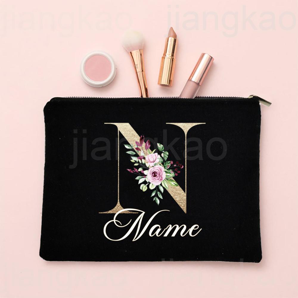 Personalised Letter with Name Makeup Bag Bridal Cosmetic Case Canvas Monogram Toiletry Bags Birthday Wedding Bridesmaid Gifts