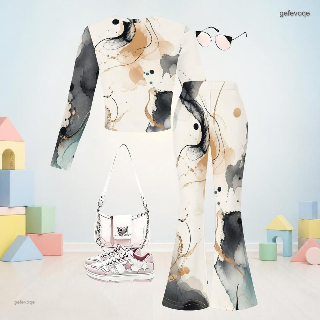 Girls Abstract Printed Round Neck Long Sleeve Top And Flared Pants Two Piece Set