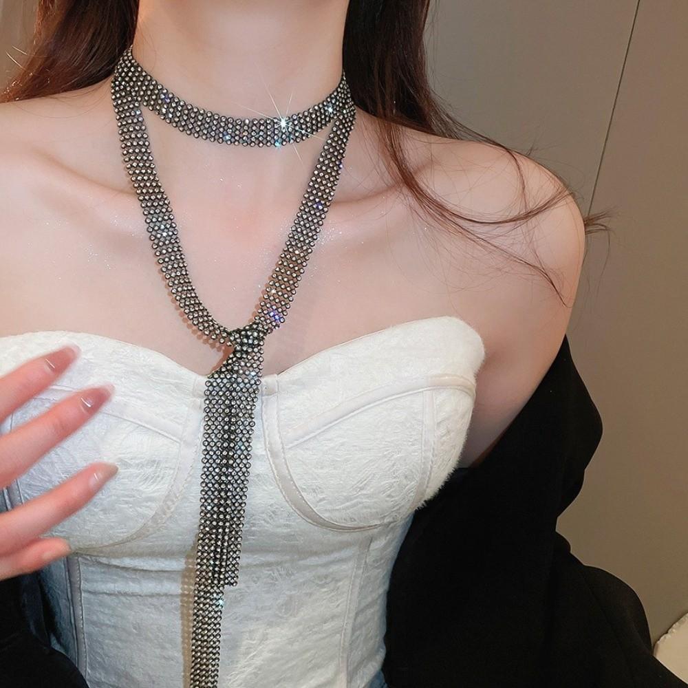 Copper Full Rhinestone Necklace Korean Style Rhinestone Tie  JK Uniform Decoration