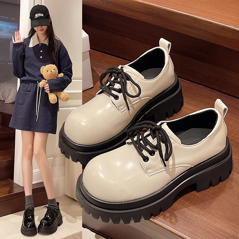 Retro British style platform small leather shoes women's 2025 spring and autumn new round head versatile skirt heightening lace-up single shoes