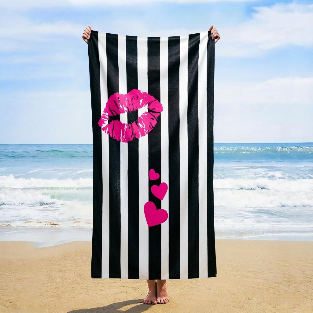 1pc Beach Towel, Soft Lightweight Black White Striped with Pink Lips, Sand-Free, Ideal for Travel, Picnic, Camping, Swimming