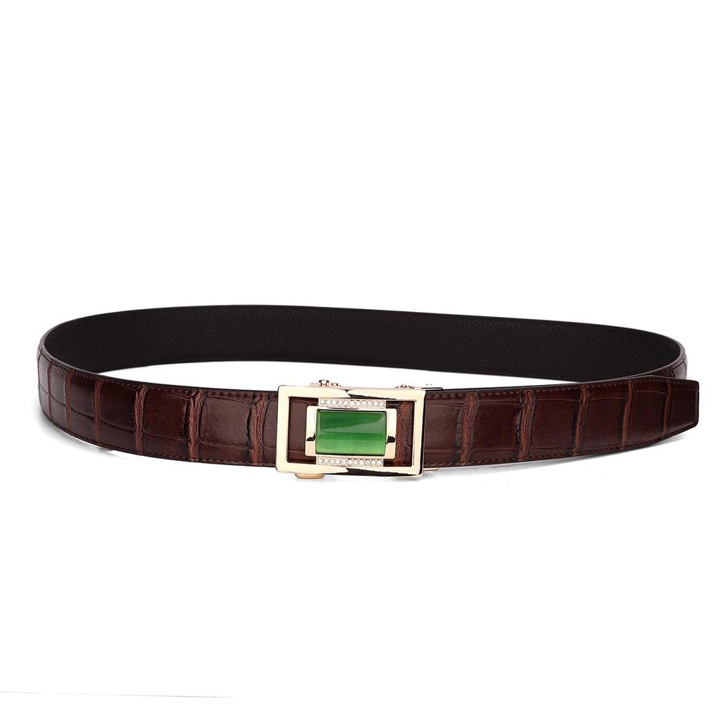 Men's Crocodile Pattern Jade Imitation Leather Belt with Rhinestone Buckle