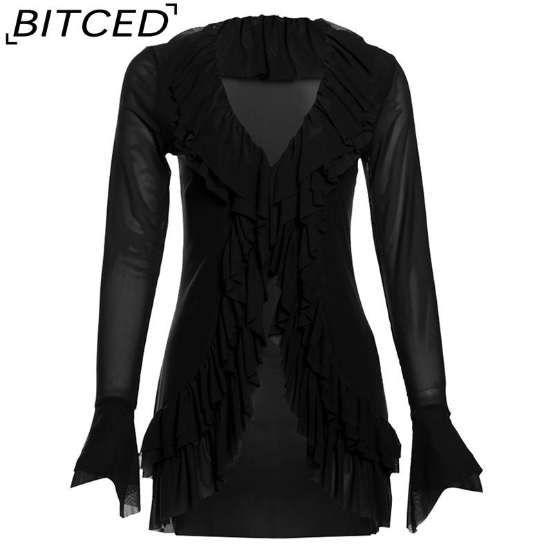 BITCED Fall Women's Solid-Color Slim-Fit Streetwear V-Neck Long-Sleeve Mesh Top