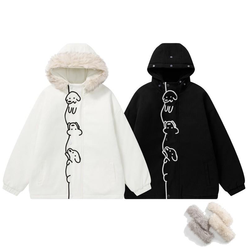 Unisex Oversized Hooded Cotton Puffer Jacket With Embroidered Dog Design Winter Warm Thick Fleece Lined Streetwear Coat