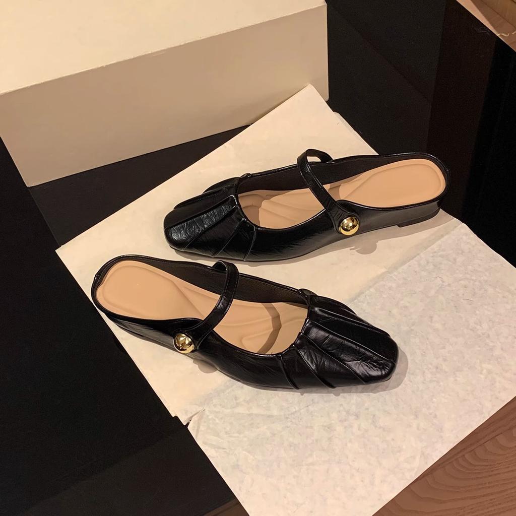 Grape mother silver single shoes wrinkled temperament square head half tray women's shoes soft sole not tired feet 2025 autumn new shoes