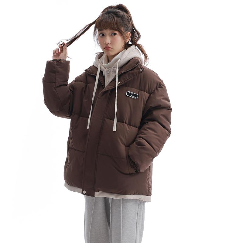 

New Fake Two-piece Casual Cotton-padded Clothes Women s Short Winter Sweater Hat Loose Contrasting Cotton-padded Clothes XL темно-коричневого