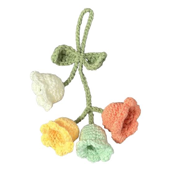 Keychain Pendant Tulip Flower Design Handwoven Yarn Crochet Key Chain Adjustable Rearview Mirror Hanging Car Decoration