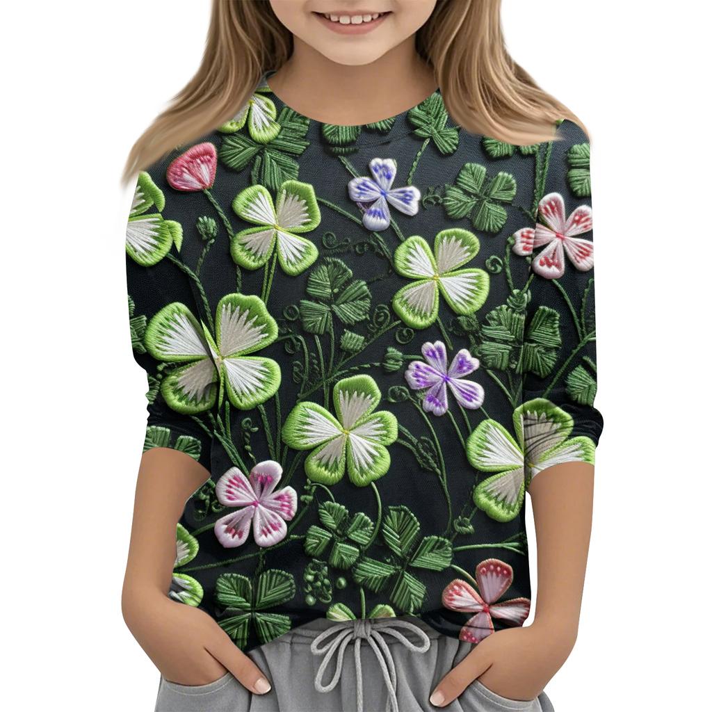 St. Patrick's Day Print Tops For Youth Girls 4-11 Years Round Neck 3/4 Sleeves T-Shirts Trendy Tops Outfit Tees