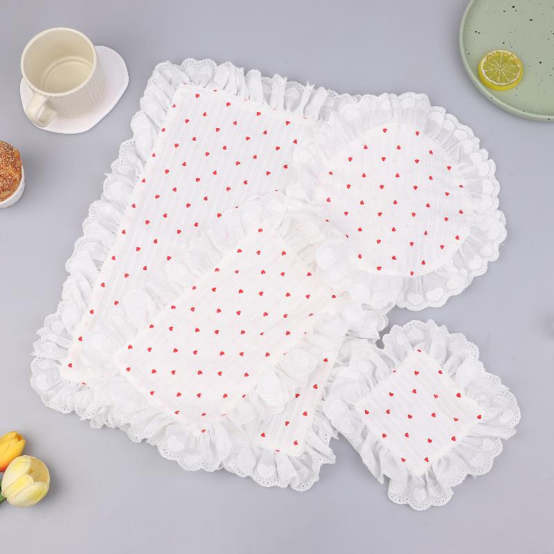 Lace Ruffles Placemats Heart Pattern Table Napkins Soft Flounced Cloth Cups Mat For Home Party Wedding Decoration