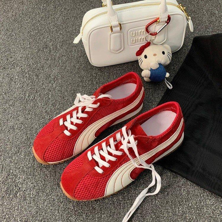 Red Dexun Single Shoes Women's 2025 New Retro Versatile Forrest Gump German Training Shoes Women's Summer Mesh Breathable Flat-bottom Sports