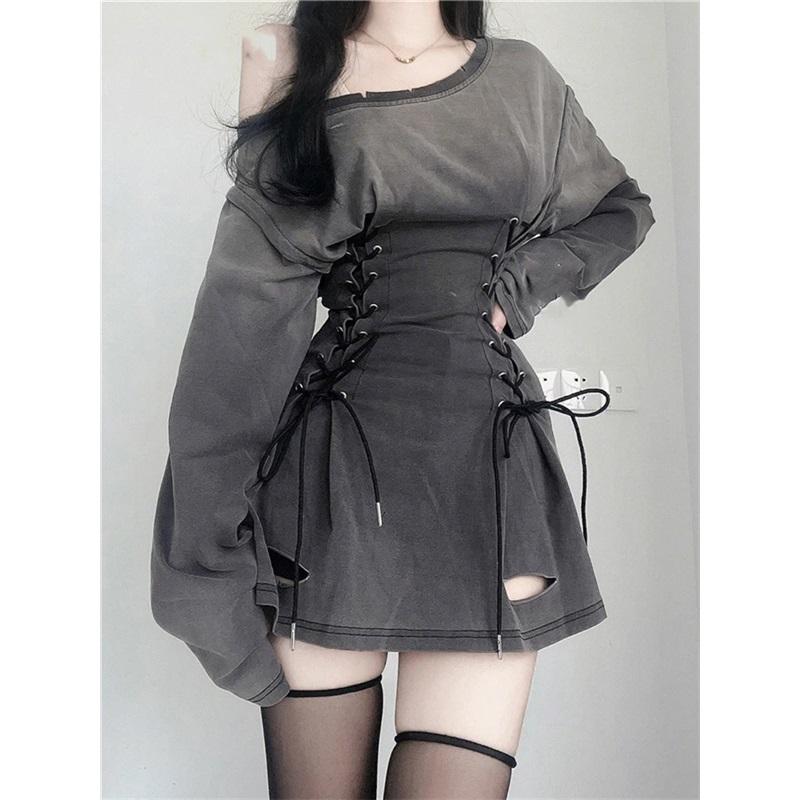 Abito Corsetto Fairycore Grunge Goth Donna Coulisse Harajuku Streetwear Benda Bodycon Stretto Abiti Y2k Donna