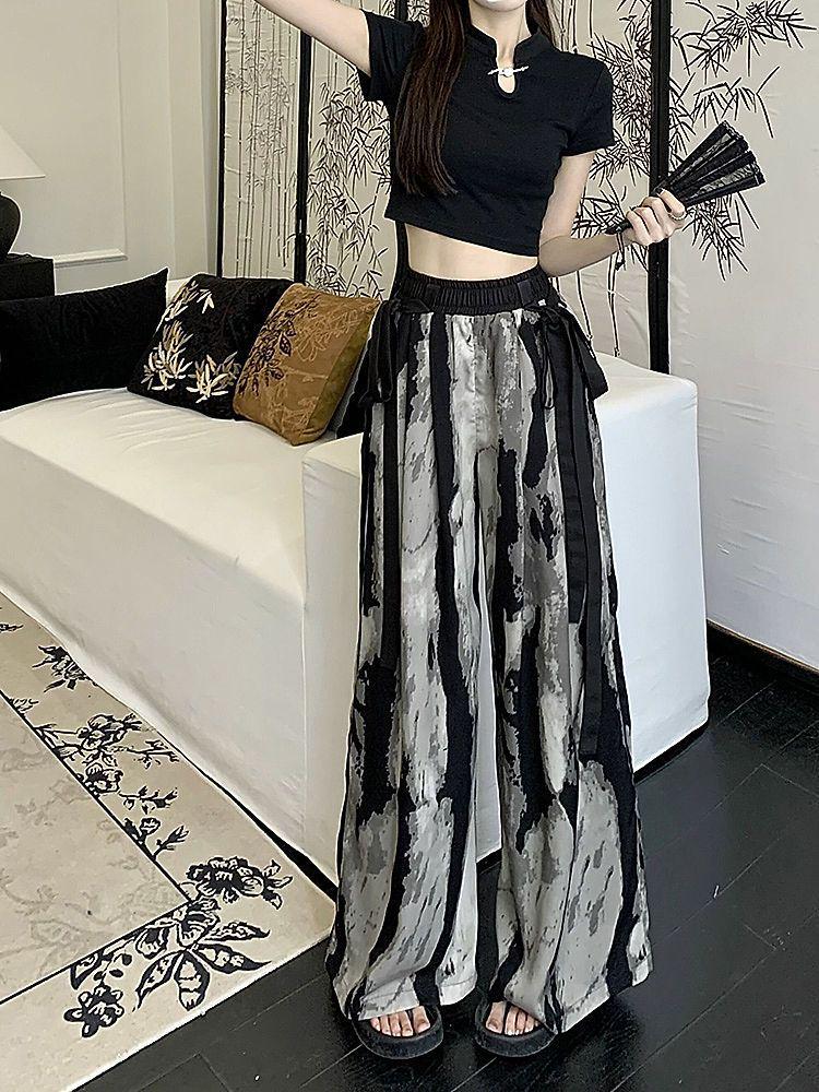 Plus Size Chinese Ink Painting High Waist Wide Leg Summer Skirt-Pants for Women