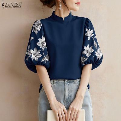Women Casual Stand Collar Summer Print Splice Half Sleeve Blouse