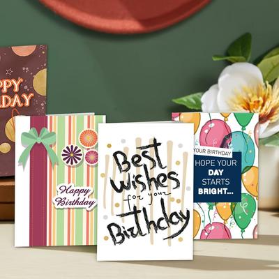 1 Set 24pcs Creative Birthday Greeting Cards – 12 with Envelopes, Simple Blessing Stamping Cards & Blank Sticky Notes for Party Gifts