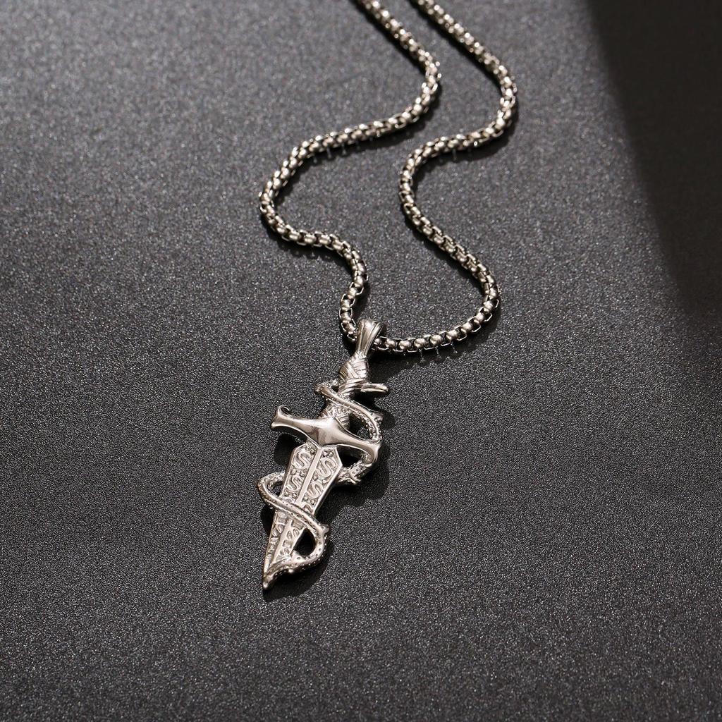 Silver 304 Stainless Steel Square Bead Necklace with Coiled Snake and Sword Design - Men's Retro Choker