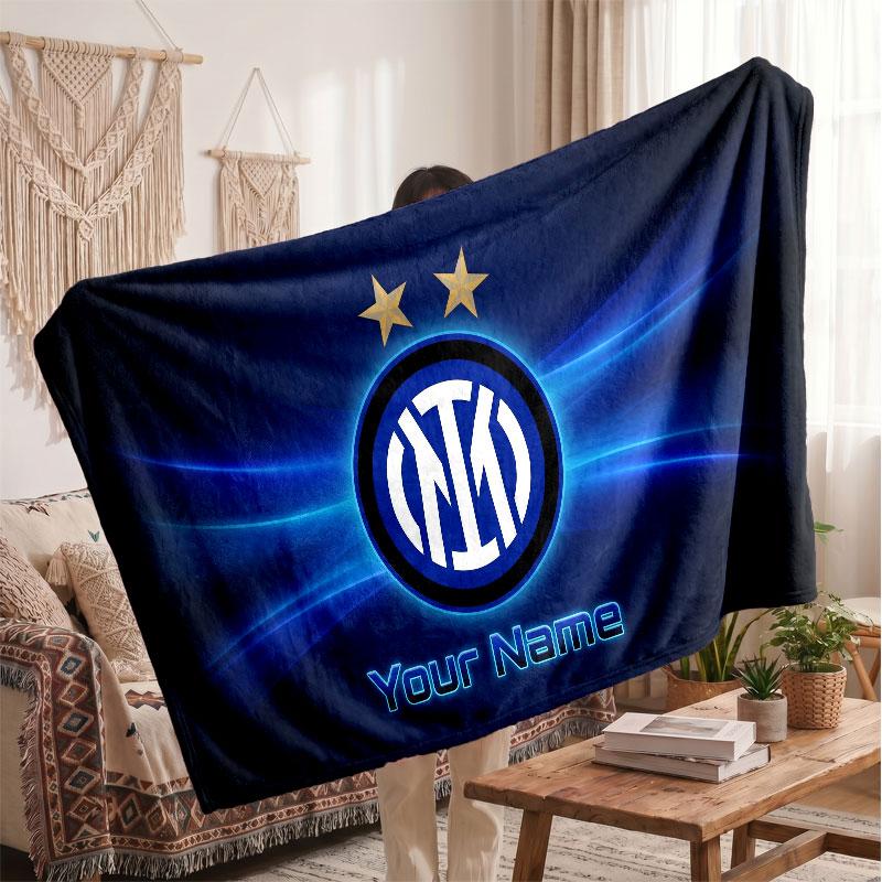 Inter Milan Personalized Fleece Blanket With Football Logo, Custom Name Text Soft Warm Home Throw Blanket