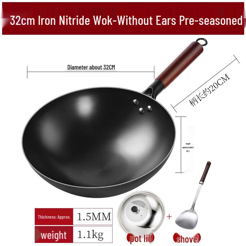 Nitrided Iron Non-Stick Rust-Proof Wok - Forged, No Coating, Round Bottom.