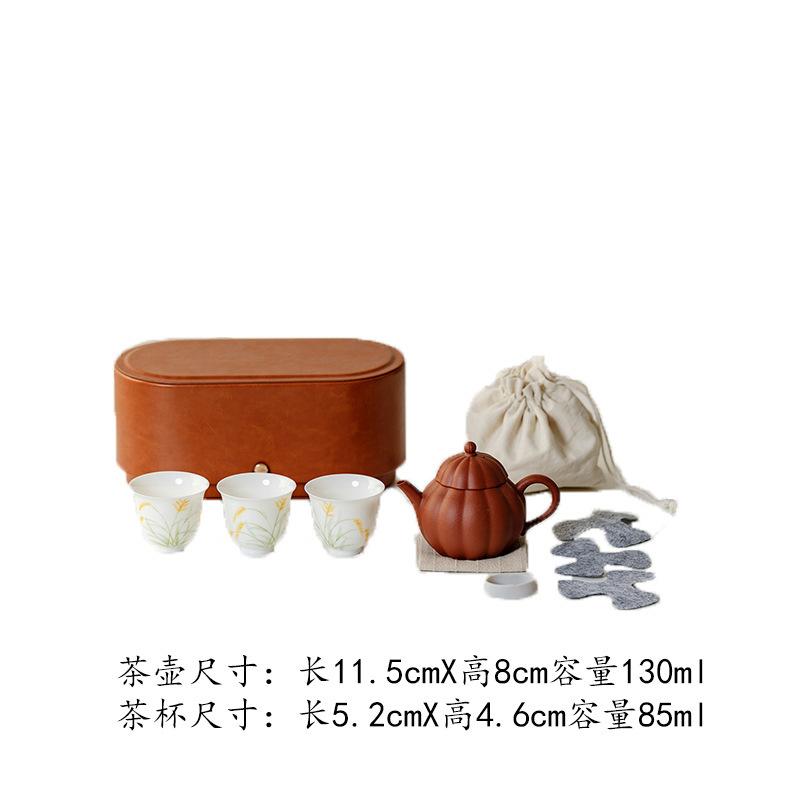 

Purple Clay Teapot Hand-painted Ear Of Wheat Travel Tea Set Kit Retro 1 Pot 3 Cups Tea Maker Organizer Portable Outdoor Handbag