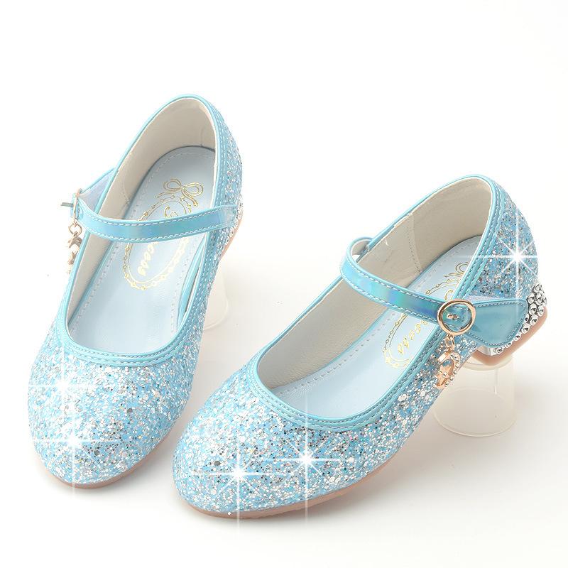 Spring girls' leather shoes with sequins and rhinestones, princess crystal shoes, children's single shoes, little girls' silver performance leather
