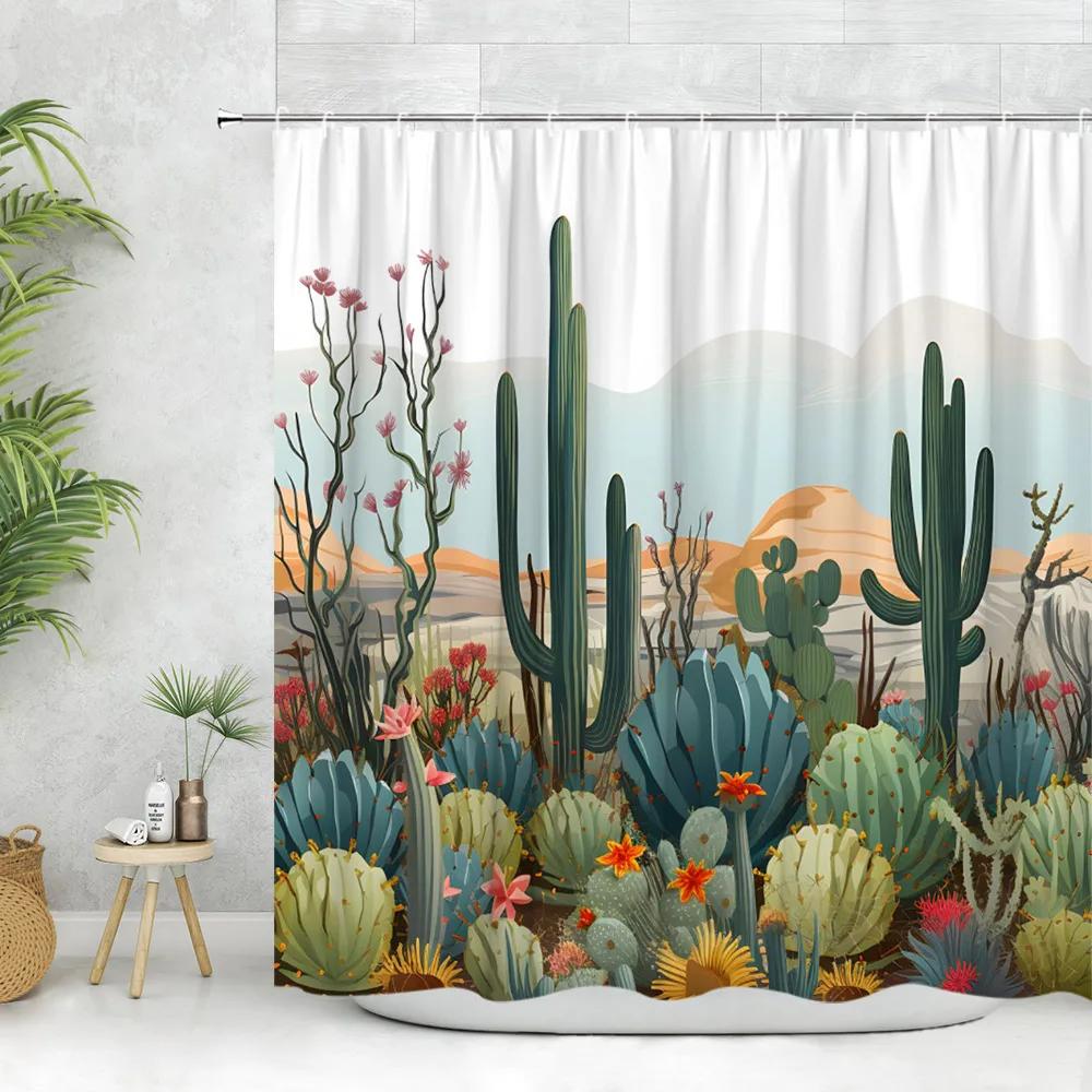 

Cactus Shower Curtain, Tropical Plant Flower Desert Greenery Greenery Watercolor Succulent Farm Polyester Fabric Bathroom Deco 90x180cm