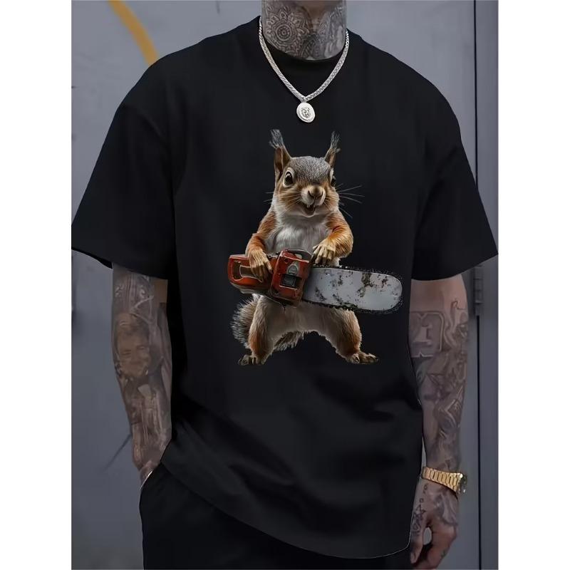 European Size Men's Squirrel Print T-Shirt Compatible for Concerts, Gym & Casual Wear - Breathable Short Sleeve Round Neck Shirt with Bold Squirrel