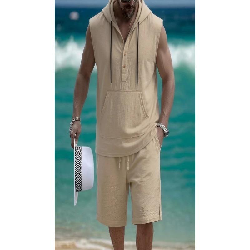Mens Casual Loose Hooded Sleeveless Vest And Shorts Set