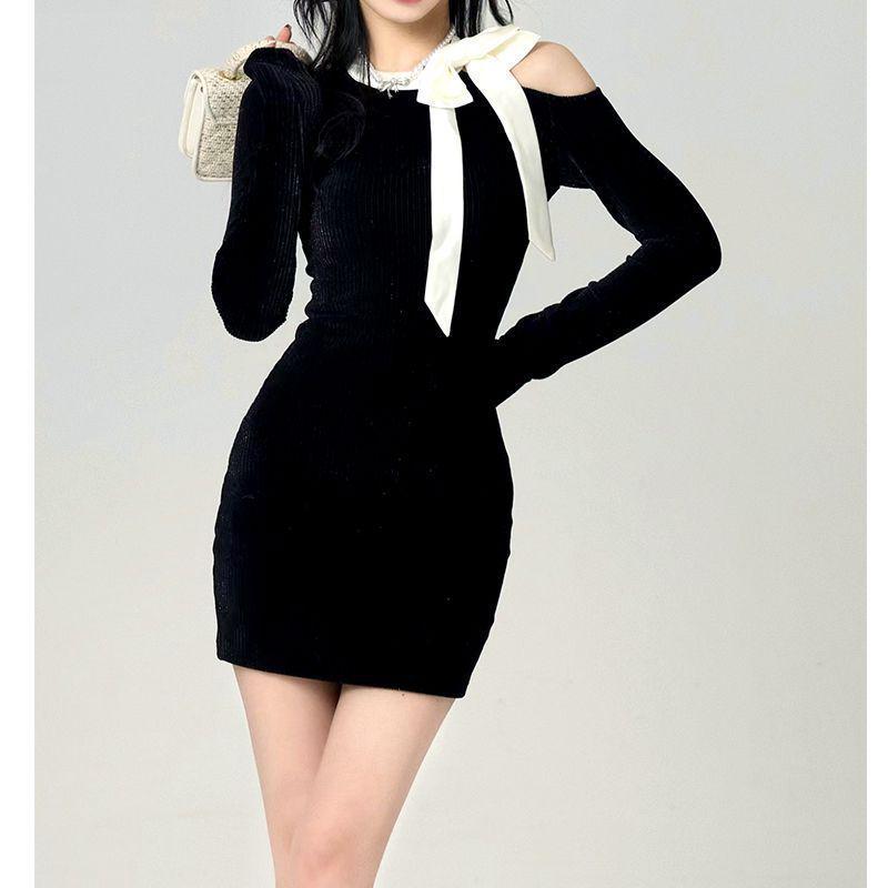 French Black Off-Shoulder Bow Knit Dress – Women's Slimming Hip-Hugging Short Skirt for Spring & Autumn