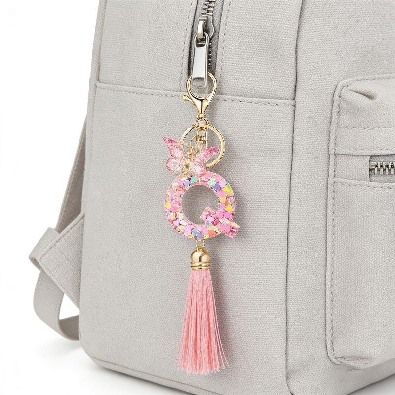 English Alphabet Letter Tassels Keychain Pink Butterfly Pendant Key Chain Women Car Key Ring Bag Jewelry Simple Letter Name Gift