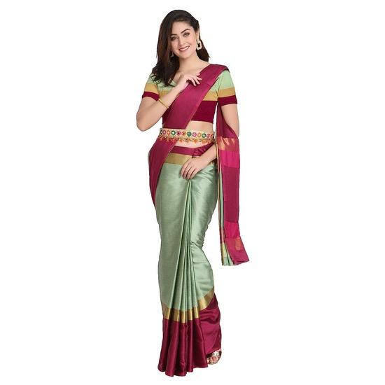 

Женское мягкое шелковое хлопковое зеленое сари Pista красивое для женщин сари с поясом с вышивкой