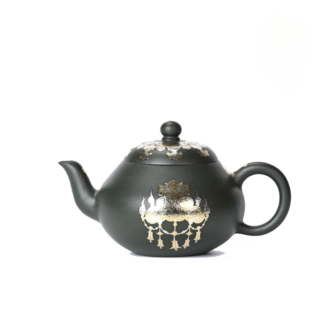 

150ml Classic Yixing Purple Clay Teapots Handmade Gilding Jun De Pot Raw Ore Dark Green Mud Tea Brewing Kettle Zisha Tea Set