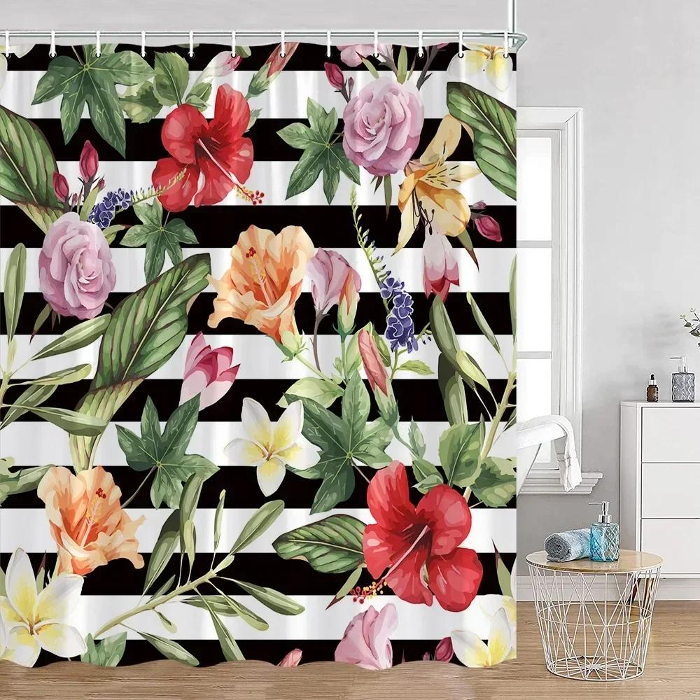 Tropical Leaves Shower Curtain Green Leaf Palm Flower Flower Bathroom Curtain Green Plant Bathroom Decoration with Hook