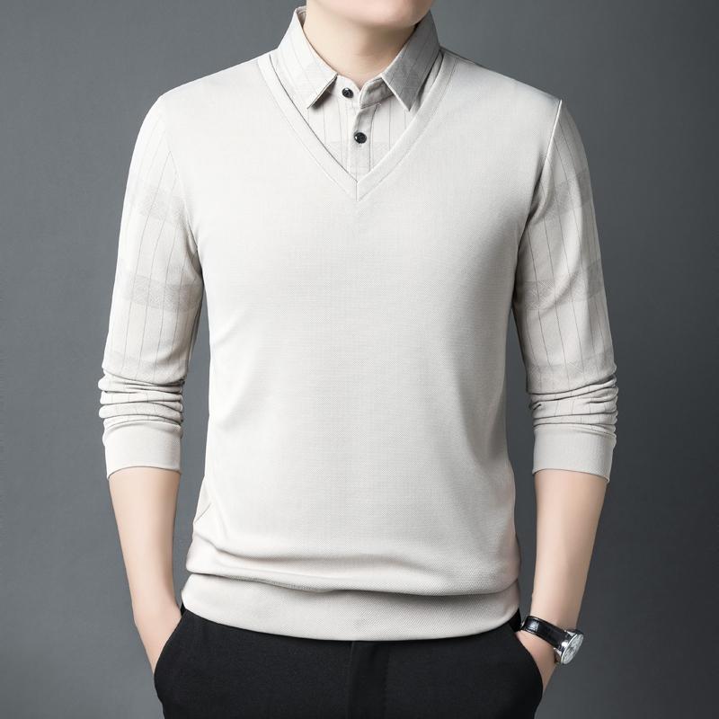 

Мужская одежда Отложной воротник Весна Осень Пуловер Полосатый однотонный цвет Пуговица Длинный рукав Футболка Модные повседневные топы XL бежевый