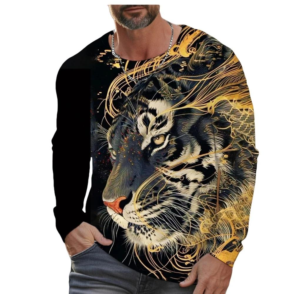 Street trend 3D tiger print men's casual round neck long sleeved T-shirt