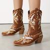 Fashion IPPEUM Cowboy Boots For Women Brown Ankel Block Heel Embroider Silver Pu Leather Plush Size 35-46 Western Cowgirl Shoes