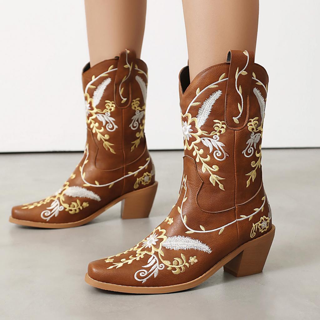 Fashion IPPEUM Cowboy Boots For Women Brown Ankel Block Heel Embroider Silver Pu Leather Plush Size 35-46 Western Cowgirl Shoes