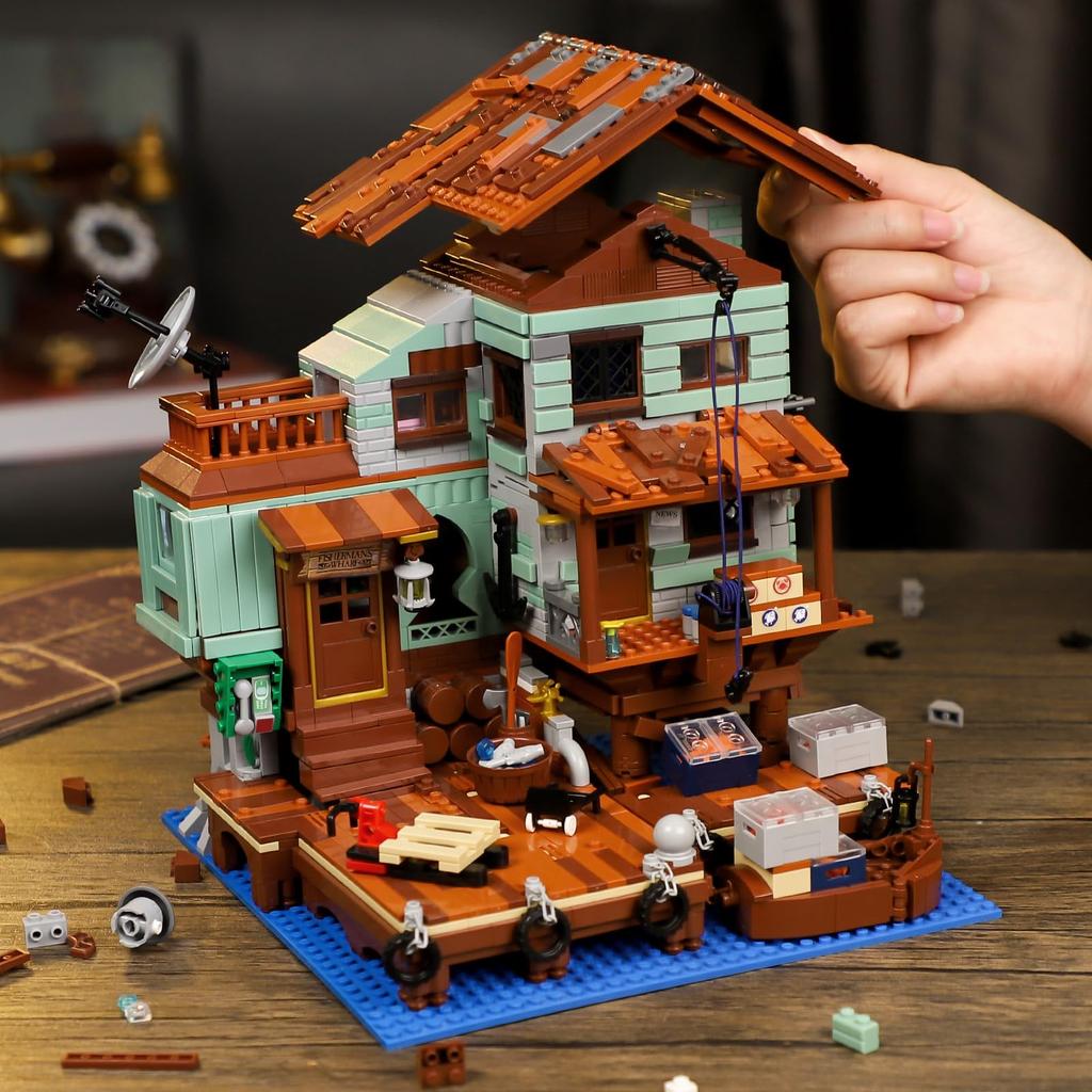 Non-Toxic 2100Pcs Fisherman'S Wharf Building Block Tree House Model Seaside Street View Boat Transportation Toys Children Holiday Gifts