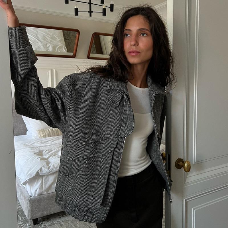 Women Loose Stand Collar Zipper Pocket Herringbone Long Sleeve Jacket Coat