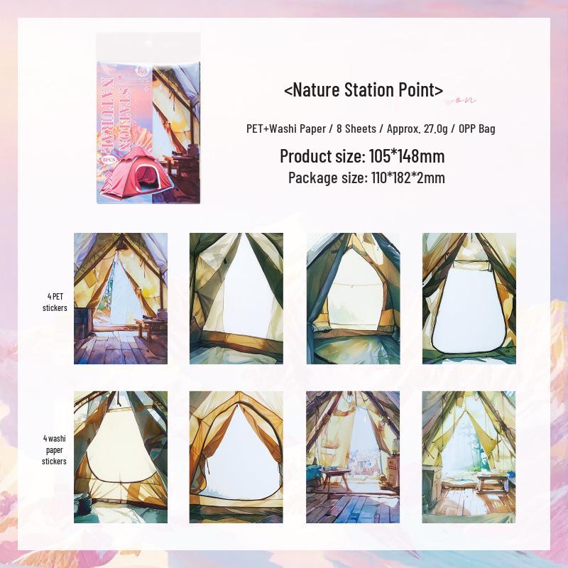 ZABC PET & Paper Mountain Scenery Tent Stickers: 8 Sheets/Pack, 4 Styles.