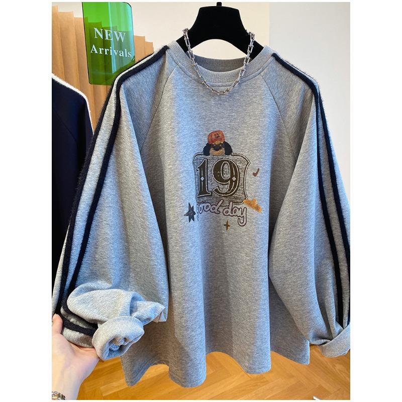 Korean Cartoon Letter Print Loose Large Version Plus Velvet Sweatshirt Women Autumn Sports Long-sleeved T-shirt Trendy