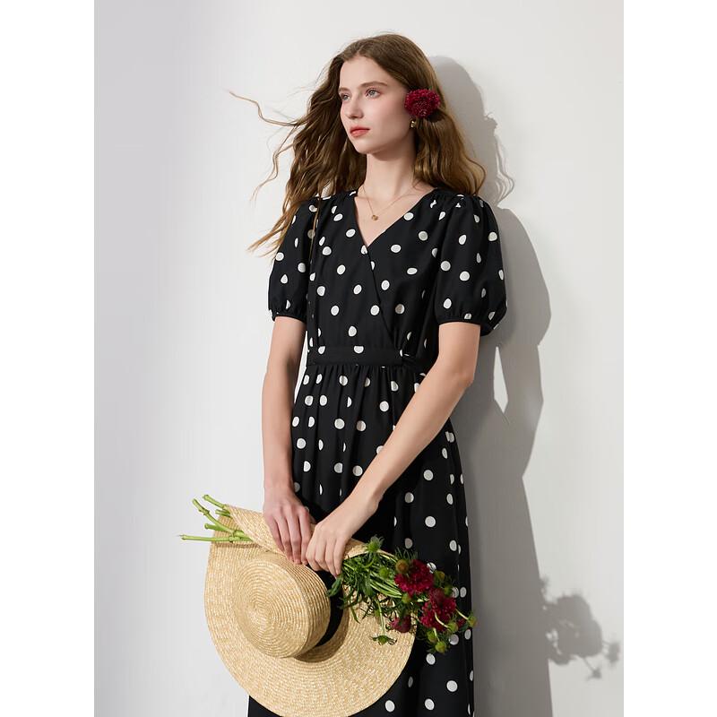 Sancai 2025 Summer Polka Dot V-Neck A-Line Long Dress