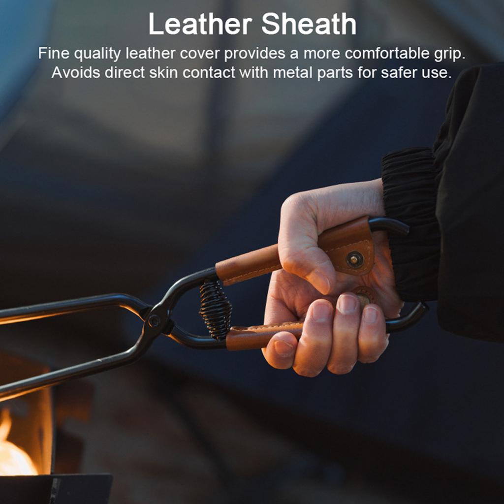 Carbon Steel Charcoal Tongs Outdoor Camping Bonfire BBQ Firewood Clip Tool Stoves Fire Charcoal Tongs Leather Handle