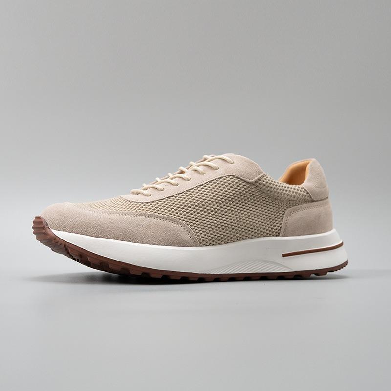 Sand Color Lightweight Breathable Mesh Splicing Cow Suede Casual Shoes Trendy Shoes Cowhide Men's Sports Leather Shoes