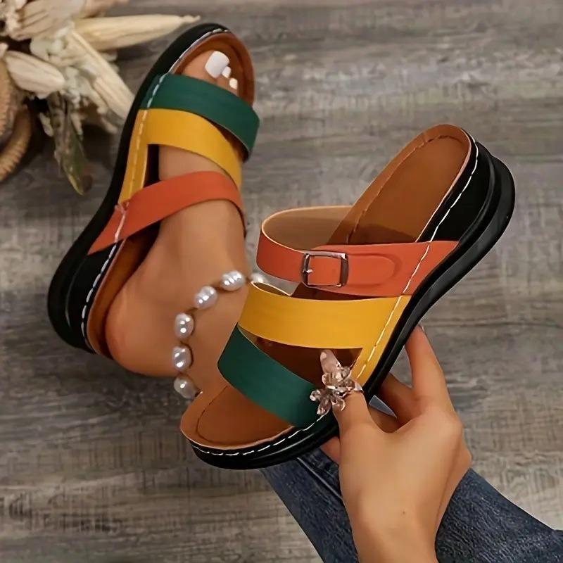 Color Matching Slope Heel Thick Bottom Cool Slippers Women's Summer New Open-toed Large Size One-word Beach Slippers