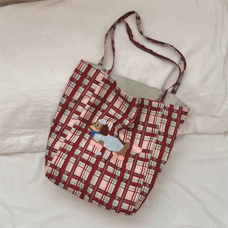 

1 wind retro plaid tote bag canvas bag large capacity student class shoulder bag