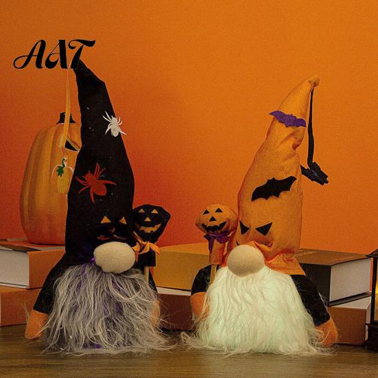 Bat Spider Pumpkin Elements Halloween Light Up Gnome Decoration, Spooky Orange Black Swedish Tomte Elf Figurine, Decorative Plush Dolls for Fall Cute