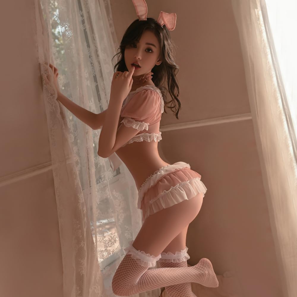 Bunny Girl Pink with Fishnet Tights Tail Sexy Cosplay Erotic Bow Tie Reverse Bunny Lingerie Rabbit Training Temptation Halloween Costume Cute Extreme